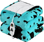 Cow Print Heated Electric Blanket Twin Size,62X84 Green Heating Blanket with 10 Heats Levels & 8 Hours Auto Off,Highland Cow Fleece Sherpa Blankets Warmer Gifts for Women Adults Couch,Washable,ETL