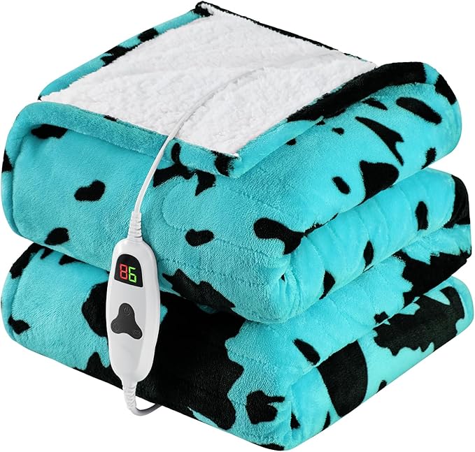 Cow Print Heated Electric Blanket Twin Size,62X84 Green Heating Blanket with 10 Heats Levels & 8 Hours Auto Off,Highland Cow Fleece Sherpa Blankets Warmer Gifts for Women Adults Couch,Washable,ETL