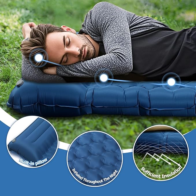 Sleeping Pad for Camping, Ultralight 4.7" Extra-Thick Inflatable Camping mat with Pillow Built-in Foot Pump, Compact Lightweight Air Mattress for Backpacking Hiking Car Travel Tent, Navy Blue