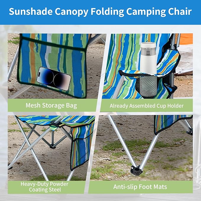 Portable Camping Chair with Adjustable Canopy Shade- Folding Camping Lounge Chair with Cup Holder & Side Pocket for Outdoor Camping, Fishing, Beach - Support 330 LBS (STREAK-2PK)