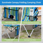 Portable Camping Chair with Adjustable Canopy Shade- Folding Camping Lounge Chair with Cup Holder & Side Pocket for Outdoor Camping, Fishing, Beach - Support 330 LBS (STREAK-2PK)