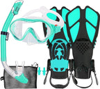 Kids Mask Fins Snorkel Set Snorkeling Packages, with Diving Mask, Snorkel, Adjustable Swim Fins, Mesh Bag, Anti-Fog Anti-Leak Snorkeling Gear for Kids for Snorkeling Swimming Diving