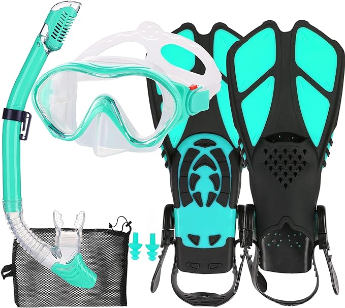Kids Mask Fins Snorkel Set Snorkeling Packages, with Diving Mask, Snorkel, Adjustable Swim Fins, Mesh Bag, Anti-Fog Anti-Leak Snorkeling Gear for Kids for Snorkeling Swimming Diving