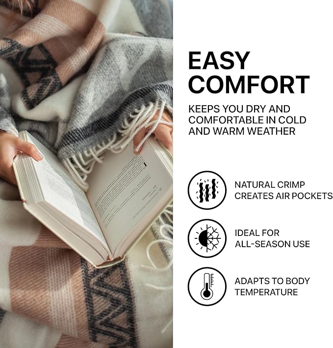 Cozy Wool Blanket | 100% Virgin Wool from New Zealand | Perfect Throw/Sofa Blanket with Fringes in Stripes Design (140 x 200 cm)