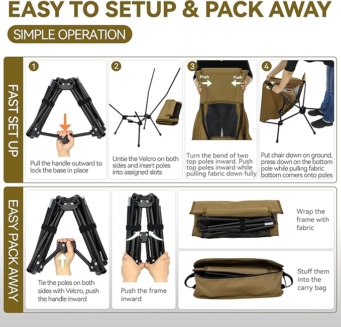 MARCHWAY Lightweight Folding High Back Camping Chair with Head Support, Stable Portable Compact for Outdoor Camp, Travel, Beach, Picnic, Festival, Hiking, Backpacking (Highback Khaki)