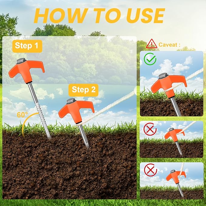 20 Pack 8" Screw in Tent Stakes Heavy Duty- Ground Anchors Screw- Tent Pegs Camping Stakes- Hex Pegs Drillable Tent Stakes and Hexagon Head Drive and Storage Box (Orange)