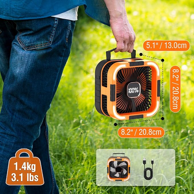 Raddy CF3 Solar Camping Fan Rechargeable, 20,000mAh Portable Fan Battery-Powered with 3W Solar Panel, USB Charging, LED Light, 6 Speeds, Oscillating for Outdoor Tent Travel Emergency