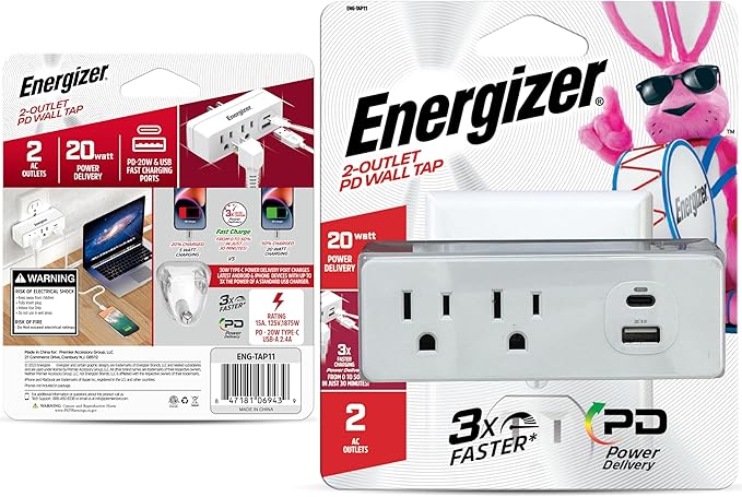 Energizer 2 Packs of 4 Device Fast Charging Multi Plug Wall Outlet Extender (2) AC Power Outlets (1) 20W PD Type C Port (1) 18W USB A Port Power Strip Expander Outlet Splitter Plug in Adapter