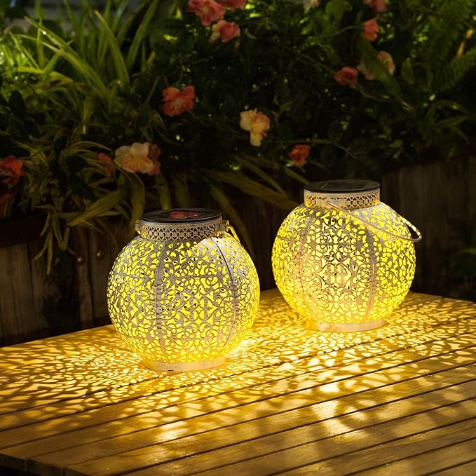 TAKE ME Solar Lanterns Lights Outdoor Waterproof Garden Laterns Metal Retro Lights for Mothers Day Gifts Mom Wife Grandma Birthday Gifts (White Set of 2)