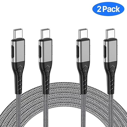 Durcord USB C Charger Cable Fast Charging, 2Pack 60W 6ft USB C to USB C Cable for Android Phone Pad, Type C to Type C Charger Braided USB Cable Silver Compatible with iPhone 15/Pro/Plust/Max Silver
