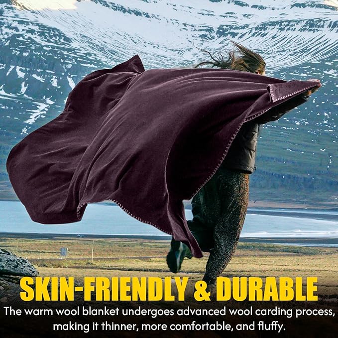 100% Wool Blanket, 48" x 62", Warm, Thick, Washable, Military Wool Blanket, Great for Camping, Outdoors, Sporting Events, Survival Kits, Plum