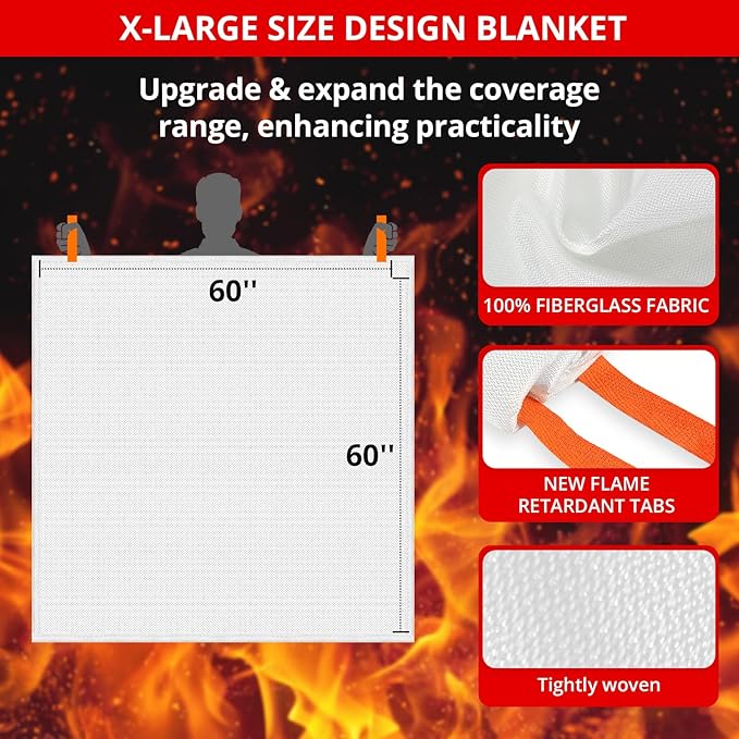 SecuCaptain Emergency Fire Blanket for Home - 60"x60" X-Large 4 Pack Flame Retardant Blankets with Fireproof Tabs for House Camping Kitchen Fire Protection Survival Safety