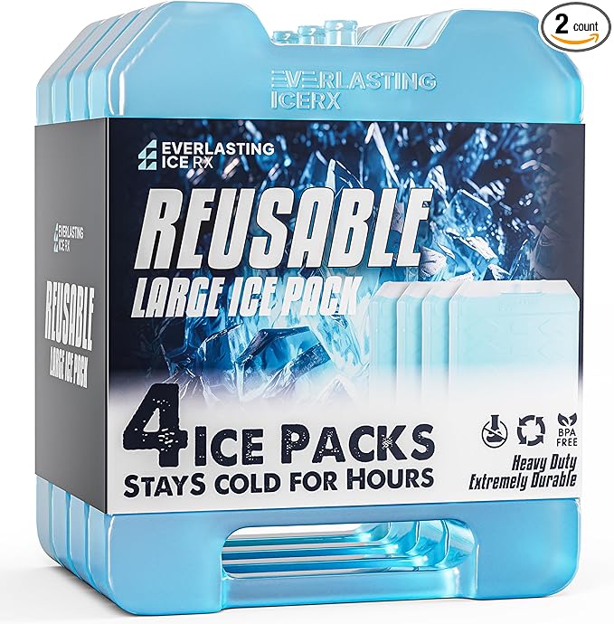 Everlasting Ice RX Large Reusable Ice Packs for Cooler with Handle (4 Pack) Long Lasting Coolness, BPA Free, Freezer Packs for Extended Cooling | Cooler Ice Packs for Camping, Fishing, Hiking, Beach