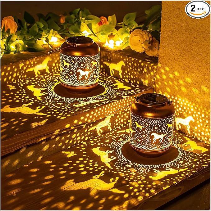 2 Pack Horse Solar Lanterns Outdoor Waterproof,Hanging Solar Lights Horse Gifts for Women Men Metal LED Decorative Light for Yard,Patio,Lawn,Tabletop,Pathway,Landscape,Garden Decor