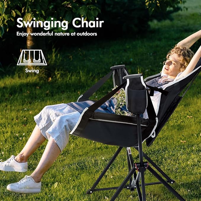 AKSOUL Hammock Camping Chair Swinging: Aluminum Alloy Adjustable Back Swinging Chair, Folding Rocking Chair with Pillow Cup Holder, Recliner for Outdoor Travel Sports Games Lawn Concerts Backyard