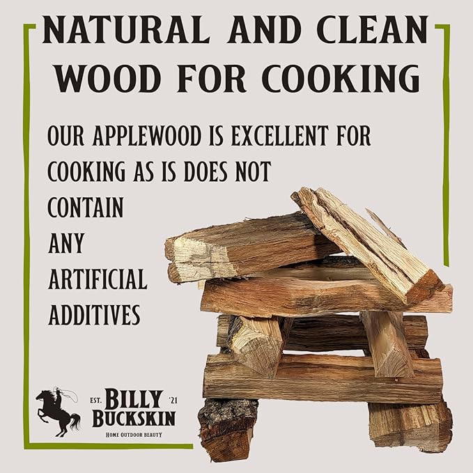 18 LB. Applewood Cooking Firewood Log & 1 LB. 100% Natural Apple Wood Chips Flavor by Billy Bucksin Co., Fatwood Fire Starter Stick Included for Outdoor Cooking, Smoking, Grilling, Camping & Fire Pit