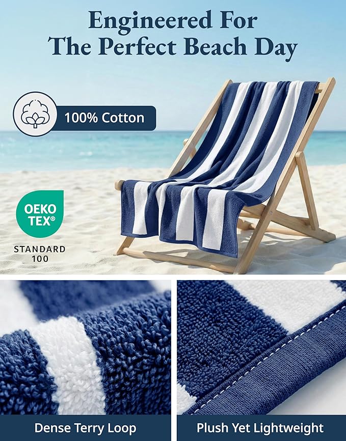 LANE LINEN Beach Towels 4 Pack - Premium 520 GSM Beach Towel – 100% Cotton Ultra Soft, Thick & Highly Absorbent Pool Towels for Seaside & Summer Use - Quick Dry Towel Set for Holiday Travel Use - Blue