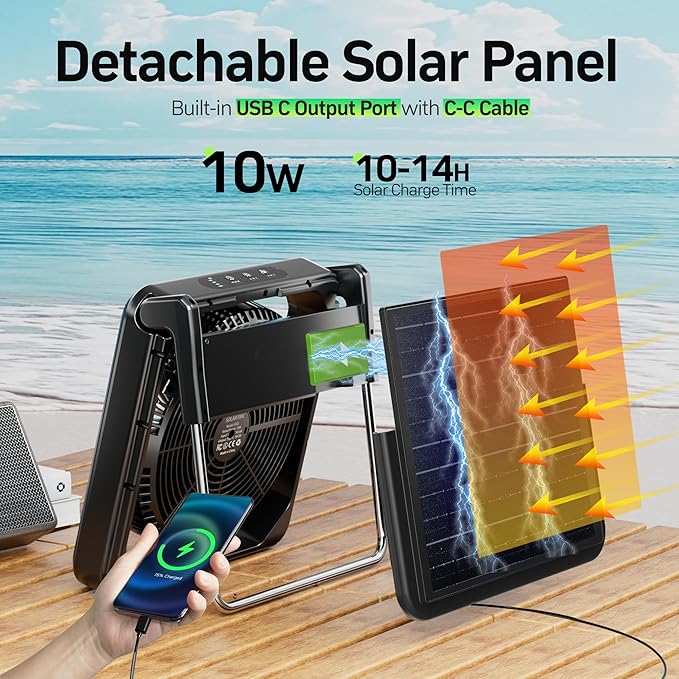 11.5 Inch Upgraded Solar Camping Fan with Light- Rechargeable Battery Fan, 10W Detachable Solar Panel, 3 Speed, 6H Timer,60° Pivot Strong Airflow for Camping Fishing RV Trips Hurricane Power Outage