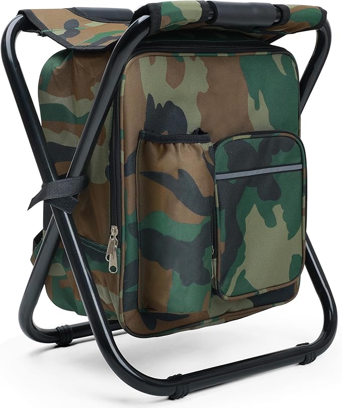 Heavy Duty 350lbs Backpack Cooler Chair for Adults, Folding Camp Stool with Cooler for Fishing, Camouflage