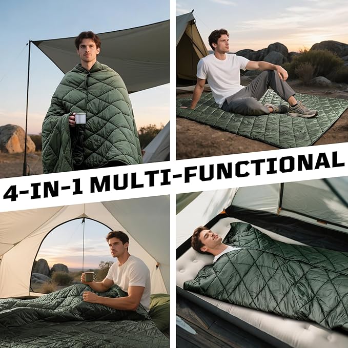 Camping Blanket - Packable, Ultra Warm and Lightweight with Snap Button Backpacking Quilt Water-Resistant, for Sleeping, Outdoors, Travel - Large/Olive Green