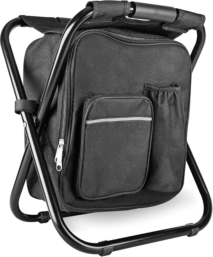 Kikerike Backpack Stool Cooler Chair Heavy Duty 400 LBS Max Load Portable Lightweight Folding Fishing Cooler for Camping Hunting Fishing - Black