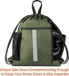 BeeGreen Moss Green Drawstring Bag Pack Sport Cinch Sack with Shoe Compartment and Two Side Mesh Pockets Heavy Duty Gym String Backpack for Unisex