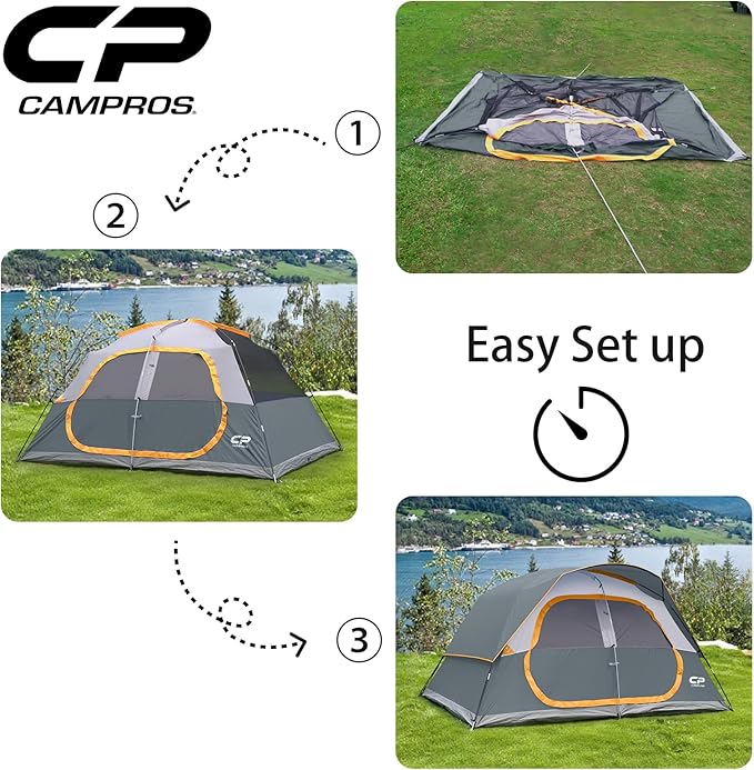 CAMPROS CP Tent 8 Person Camping Tents, Waterproof Windproof Family Tent with Top Rainfly, Large Mesh Windows, Double Layer, Easy Set Up, Portable with Carry Bag, for All Seasons