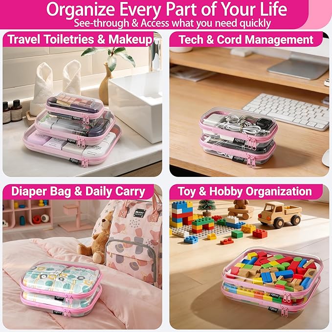 YQBRAO 3-Pack Clear Hard Shell Zipper Case Pink, 1.2mm Heavy-Duty Crush-Proof Travel Makeup Bag, Multi-Size (L+M+S) Diaper Bag Organizer Pouches, Rigid Clear Zipper Pouches for Tech, Toys & Home