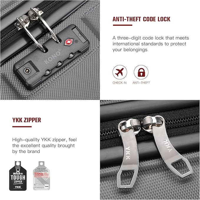 Kono 20'' Carry on Luggage Lightweight with Spinner Wheel TSA Lock Hardside Luggage Durable Small Carry on Suitcase Grey