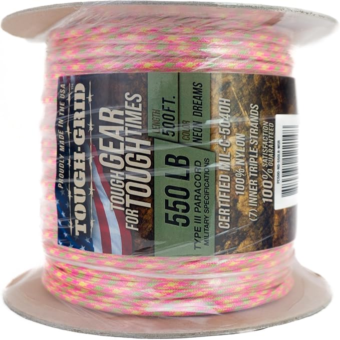 TOUGH-GRID 550 Paracord Rope Nylon Parachute Cord, Made in USA Survival Kit, Outdoor Adventures, Camping, Tactical Gear & Emergency Supplies, Military Type III Mil-Spec