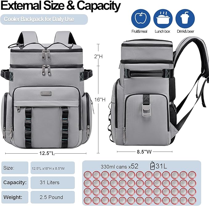 Weitars Insulated Cooler Backpack,Double Deck Waterproof Soft Cooler Bag,Backpack Coolers Leak Proof Lunch Backpack for Men Women for Travel,Camping,Picnic,Beach,Picnic,Outdoor 31L/52 Can