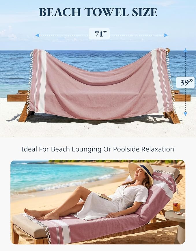 LANE LINEN Beach Towels for Women, Large Beach Towels Oversized, Pre-Washed, No-Shrink Sand Free, Quick Dry, Lightweight Travel Towel,Soft Beach Bath Towel, 39"x71" - Cashmere Rose