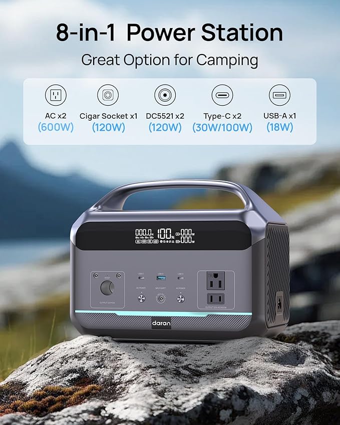 DaranEner Portable Power Station 600W with Solar Panel 80W, 288Wh LiFePO4 Battery Backup w/2 AC Outlets, 1.7H Fast Charging Solar Generator for Camping, RV Travel, Home Emergencies