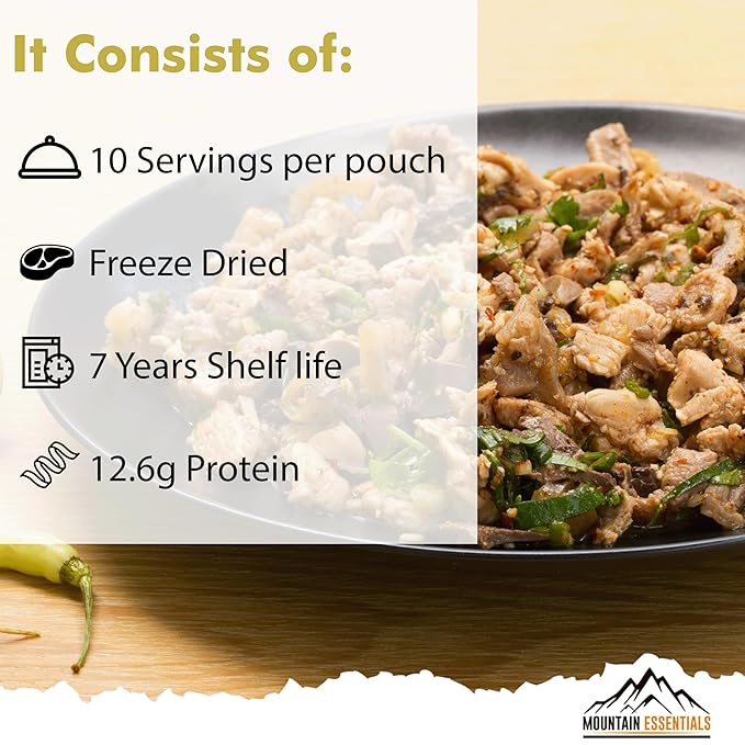 MOUNTAIN ESSENTIALS Freeze-Dried Shredded Pork – Fully Cooked, Ready-to-Eat Meat | 10 Servings per Pouch | 7-Year Shelf Life | Ideal for Daily Meals, Camping, Emergency Preparedness & Survival | Made in USA | Pack of 1