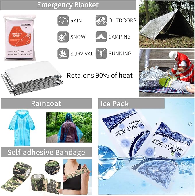Emergency Survival Kit and First Aid Kit, Camping First Aid Survival Kit with Molle Pouch for Preparedness Outdoor Adventure, Black