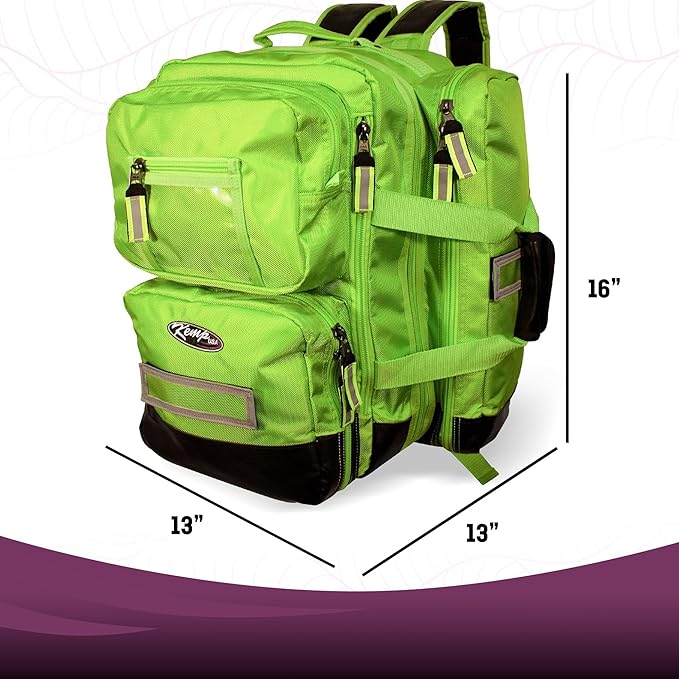 Kemp USA Ultimate EMS Backpack - Emergency Supplies - EMT Bag Fits BLS/ALS Equipment and D Tank Oxygen Cylinder - Multiple Grab Points, Chest & Waist Support Straps & Color-Coded Pouches (Neon Green)