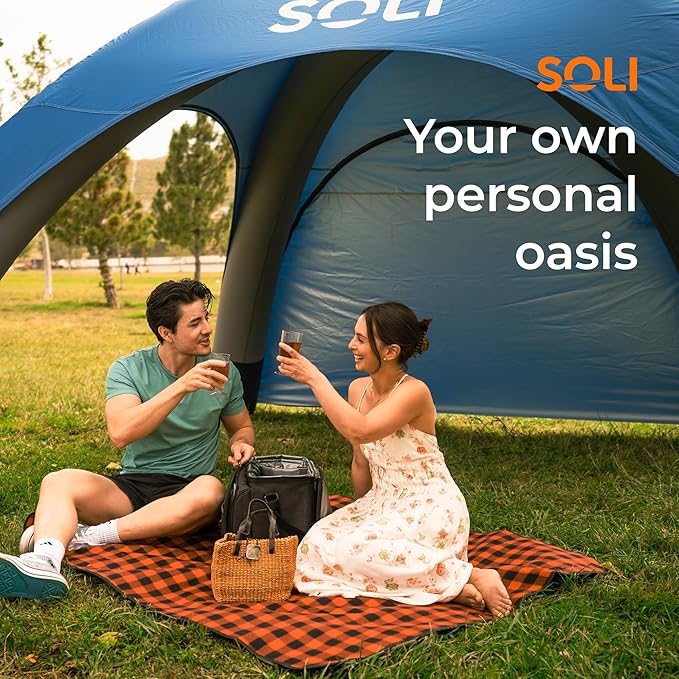 SOLI: Air Canopy 12' - Heat Wave Orange - Outdoor & Beach Self-Inflating Sun Tent, Shade Wall, UPF 50+, Pump-Stakes, Lightweight & Portable, Backpack