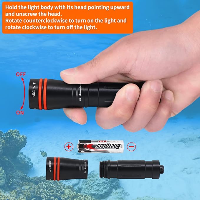 ARCHON D2A Small Diving Flashlight, Dive Headlamp Waterproof Flashlight Black Backup Light with Stainless Steel 316 Face Mask Clip for Underwater Lighting
