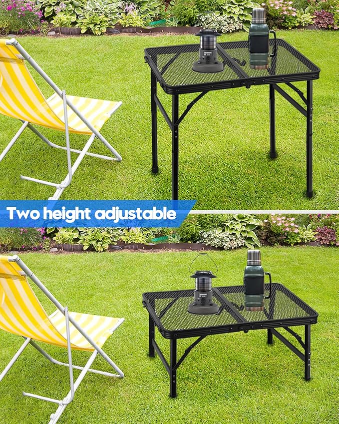 MSDADA Folding Grill Table, Height Adjustable Aluminum Table with Mesh Desktop and Mesh Bag, Portable Grill Table for Outdoor Camping, Picnic, Patio, Dining, BBQ, Party, Black, 23.6×15.7 inch