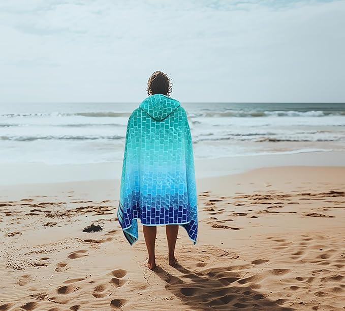 COTTON CRAFT Hooded Beach Towel – Oversized 39 x 68 Towel with Hood for Adults - 100% Cotton Velour Terry Jacquard Towel - Pool Bath Wrap - 450 GSM Soft Absorbent Quick Dry – Blue Tiles