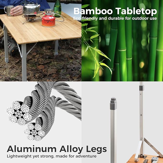 ATEPA Bamboo Folding Table, 32 * 24'' Adjustable Height Folding Camping Table, Eco Friendly l Wooden Folding Table with Aluminum Legs, Carry Bag for Picnic Beach Fishing Outdoor Indoor, 2-4 Person
