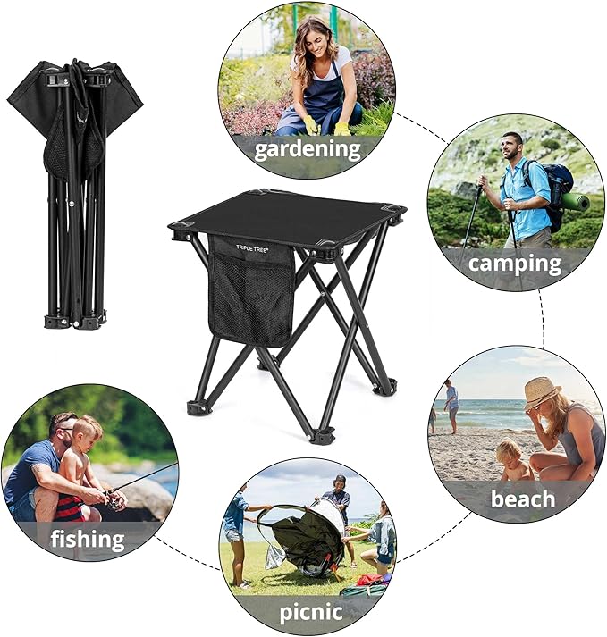 TRIPLE TREE 2 Pack Camping Stool, 13.8 Inch Portable Folding Stool for Outdoor Walking Hiking Fishing 400 LBS Capacity with Carry Bag, Black