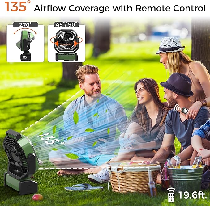 Camping Fan with Light - 20000mAh Rechargeable Battery Fan, 112Hrs Max Run Time, 8 Speeds, Digital Display, Timer, Auto Oscillation, 270° Pivot & Hook for Camping, Power Outage, Hurricane (Army Green)
