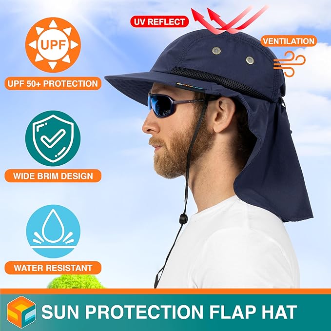 SUN CUBE Sun Hat for Men, Wide Brim Fishing Hat Neck Flap Cover Men, Women, Hiking, Camping, Sun Protection UV, Gardening