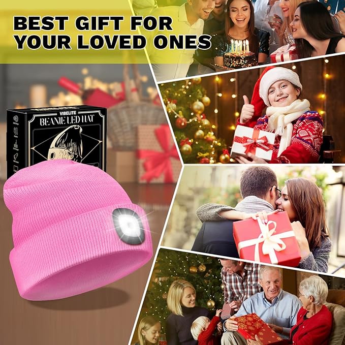 VIBELITE LED Beanie Hat with Light, USB Rechargeable LED Headlamp, Gifts for Men, Him, Husband, Boyfriend, Gifts for Dad, Husband, Father, Pink