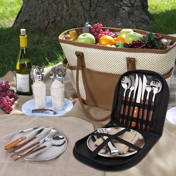 New Wood Grain Handle Tableware Mess Kit Cutlery for 2 Dinnerware Set - 12pcs Stainless Steel Utensils Set with Plate Spoon Fork Serrated Knife Cloth Napkins for 2,Backpacking, Outdoor Hiking Picnic