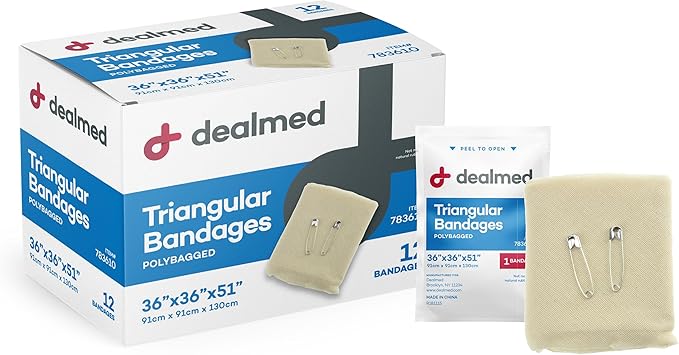 Dealmed Latex-Free Triangular Bandages – 12 Cotton Bandages with 2 Safety Pins, 36" x 36" x 51" Compression Bandage Wrap, Wound Care Product for First Aid Kit and Medical Facilities