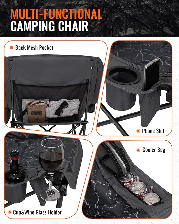 KingCamp Oversized XL Camping Chair, Heavy Duty 500lbs Folding Couch for Adults, Padded Large Comfortable Sofa Seat with Cooler Bag Cup Holder for Outdoor Sports Fishing Patio Lawn, Lava/Grey