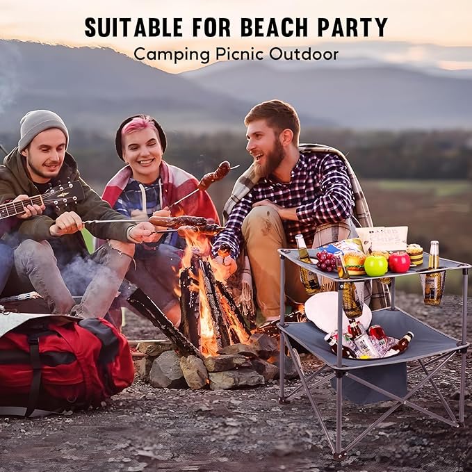 Portable Picnic Camping Table with Cooler, Folding Beach Table with 4 Tear Resistance Cup Holders, Tailgating Table Carry Bag for Travl, Beach, Summer Cookout Essential (Grey)