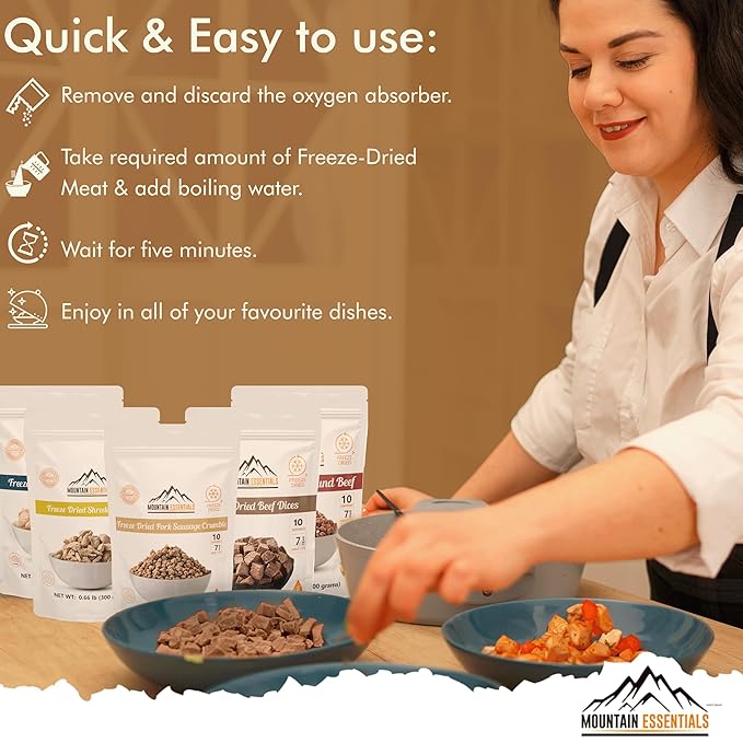 MOUNTAIN ESSENTIALS Freeze-Dried Meat Variety Kit – 3 Chicken Dices, 3 Beef Dices, 3 Ground Beef, 2 Shredded Pork & 1 Pork Sausage Crumble | 10 Servings per Pouch | Shelf-Stable Daily Meals, Camping & Emergency Food | Made in USA